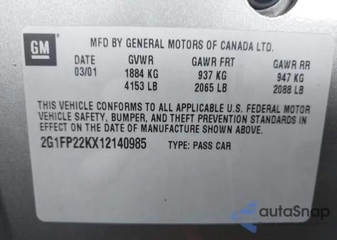 2001 Chevrolet Camaro из США, поврежденный, VIN 2G1FP22KX12140985